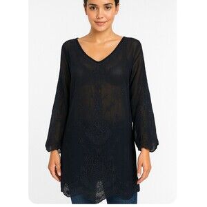 ASTR shirt dress Womens Black Sheer Mini Shift Bell Sleeve Embroidered V neck M